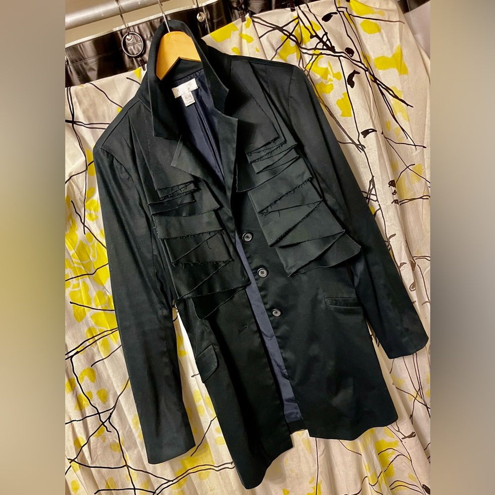 Edgy Dark Navy Blue Blazer with unique draping adds to an Avant-Guard style.